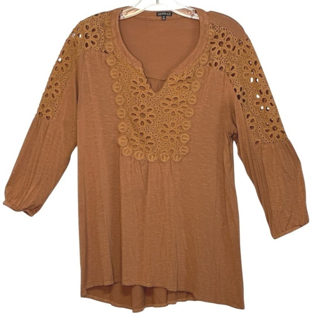 Hannah Blouse Womens Brown Rust Eyelet Lace Slub Knit 3/4 Sleeve Earthy Fall M